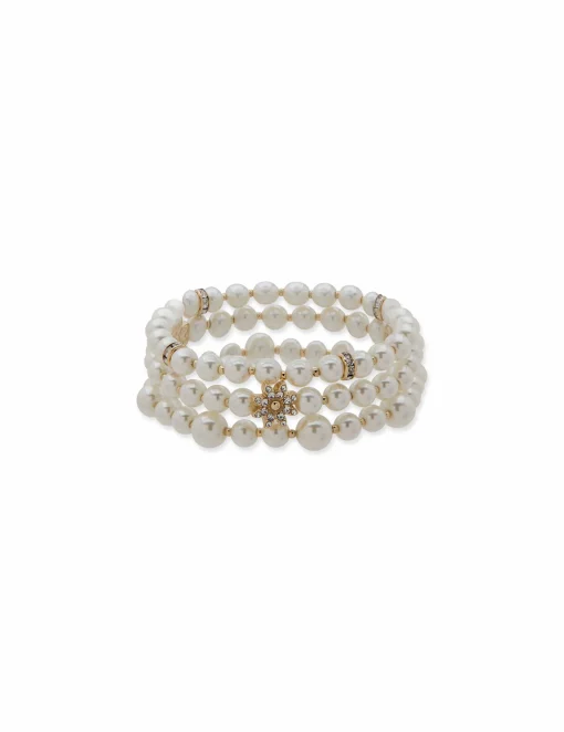Hot Anne Klein Faux Pearl & Flower 3 Piece Bracelet Set
