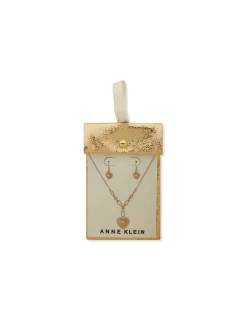 New Anne Klein Heart Charm Necklace And Earring Pouch Set