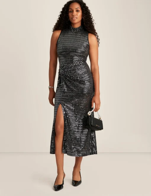 Best Anne Klein Mock Neck Sheath Midi Dress Anne Black/Silver