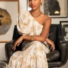 Best Anne Klein One Shoulder Top And Maxi Skirt Set Egret/Desert Tan Multi