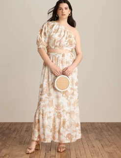 Best Anne Klein One Shoulder Top And Maxi Skirt Set Egret/Desert Tan Multi