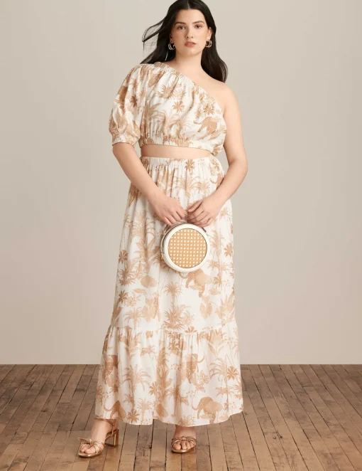 Best Anne Klein One Shoulder Top And Maxi Skirt Set Egret/Desert Tan Multi