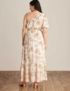 Best Anne Klein One Shoulder Top And Maxi Skirt Set Egret/Desert Tan Multi