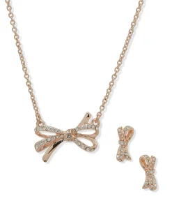 Cheap Anne Klein Rose Gold Bow Necklace And Earring Set In Pouch