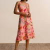 New Anne Klein Scooped Neck A Line Midi Dress Sunkist Coral Multi