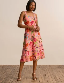 New Anne Klein Scooped Neck A Line Midi Dress Sunkist Coral Multi