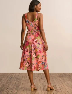 New Anne Klein Scooped Neck A Line Midi Dress Sunkist Coral Multi