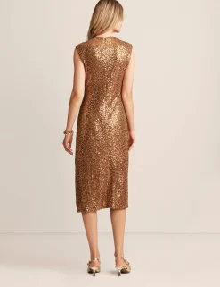 Fashion Anne Klein Sleeveless Draped Neck Midi Dress Gold
