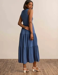 Clearance Anne Klein Smocked Bodice Maxi Dress Blue Jay