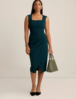 Hot Anne Klein Square Neck Faux Wrap Dress Deep Evergreen