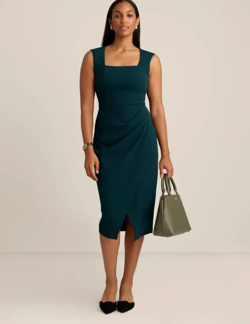Hot Anne Klein Square Neck Faux Wrap Dress Deep Evergreen